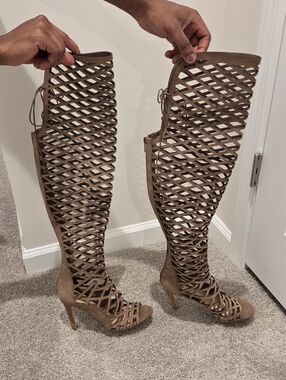 Vince Camuto Taupe Lattice Over-the-Knee Heeled Boots